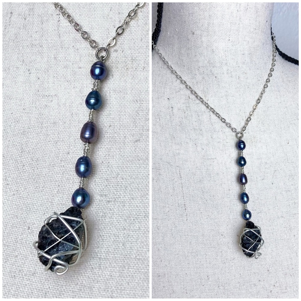 Freshwater Pearl Obsidian Necklace Purple Blue Black Crystal Modern Elegant